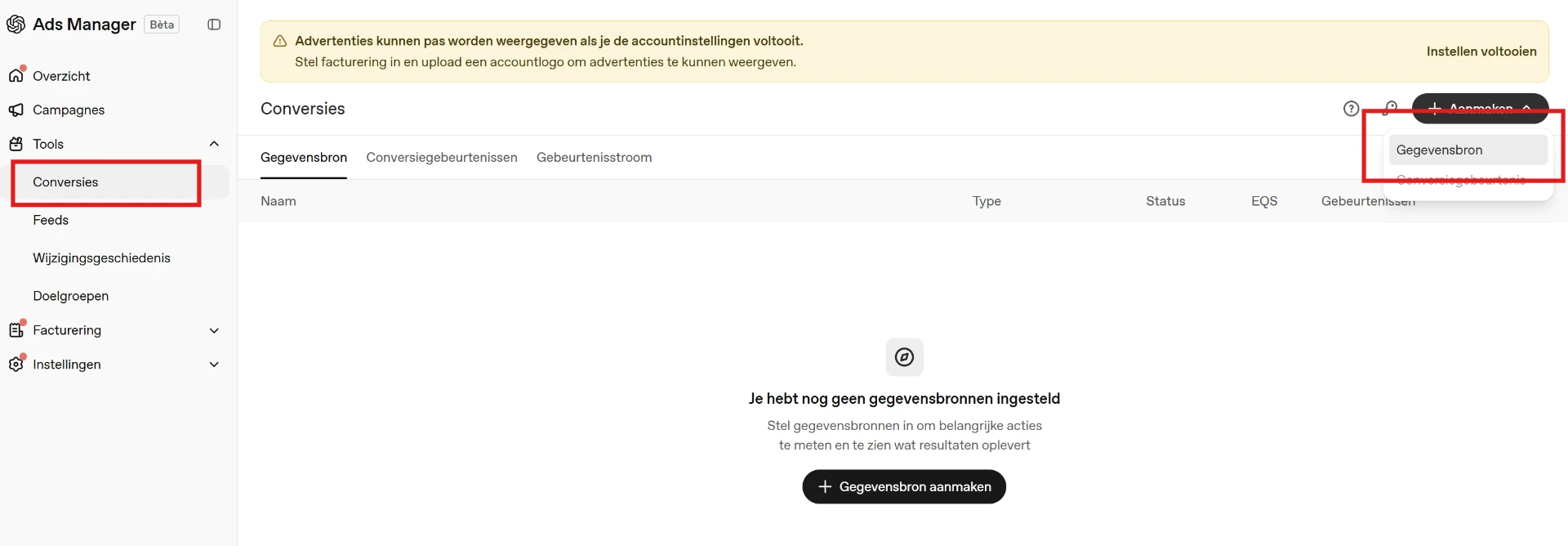 ChatGPT Ads Manager met het menu Tools, Conversies en de knop Aanmaken met de optie Gegevensbron