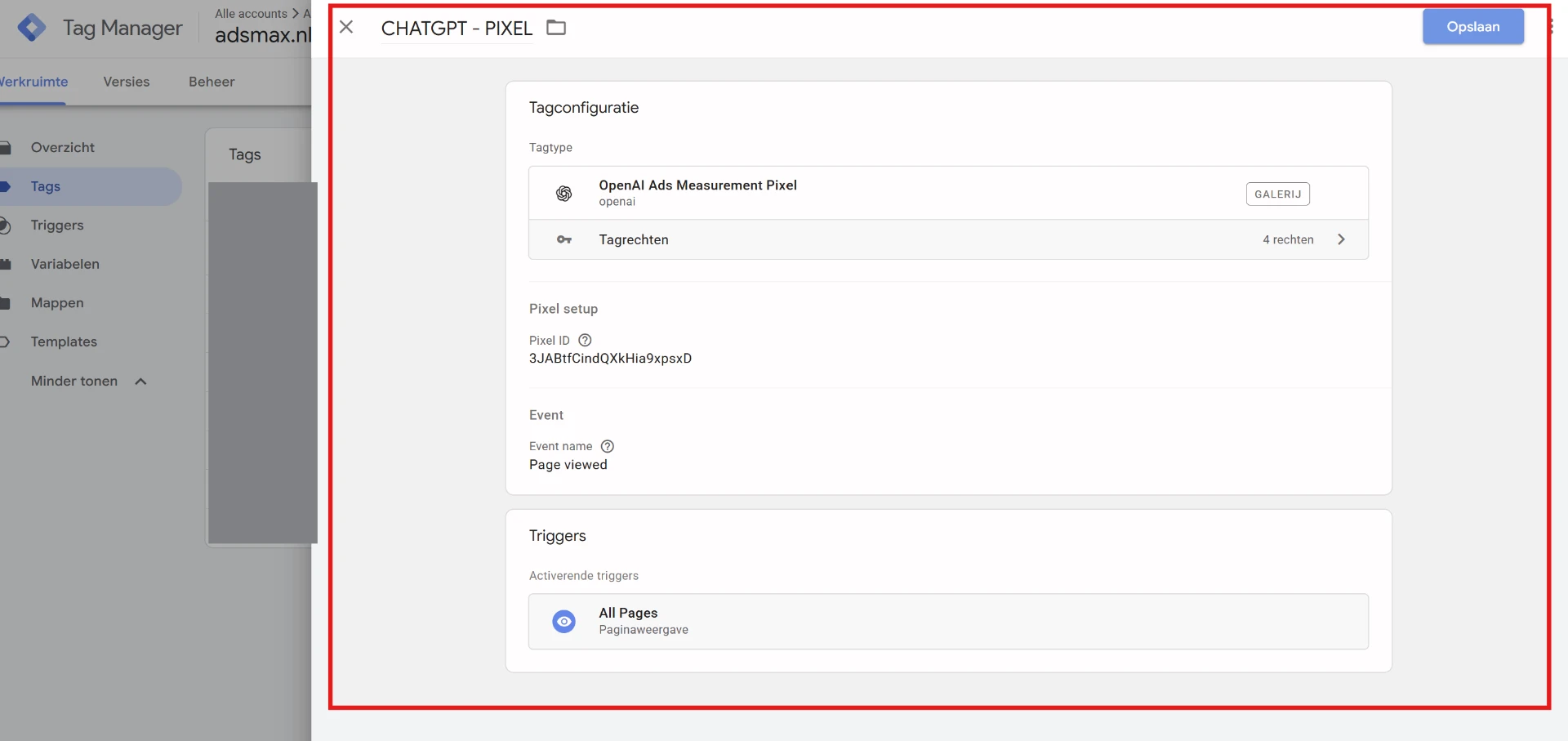 Tagconfiguratie in Google Tag Manager met de OpenAI Ads Measurement Pixel, Pixel ID, event Page viewed en trigger All Pages