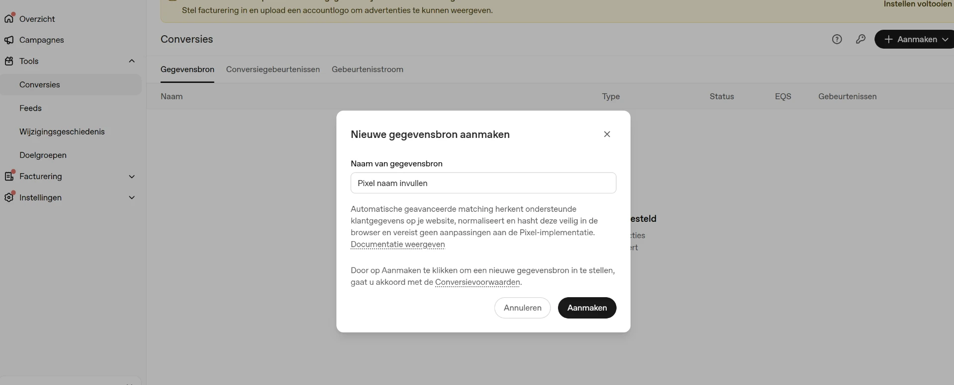 Venster Nieuwe gegevensbron aanmaken in ChatGPT Ads met een invoerveld voor de naam van de pixel