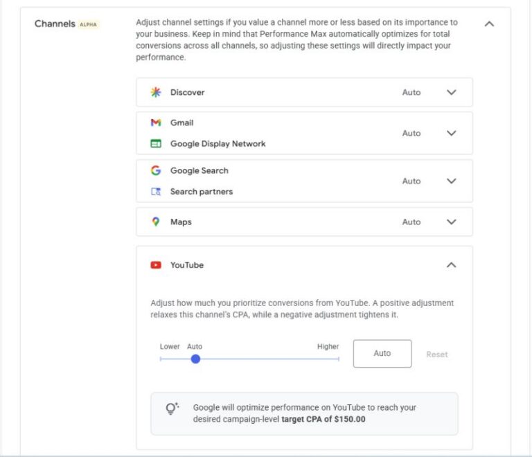 Channels ALFA-instelling in Google Ads met schuifregelaars per kanaal zoals Search, YouTube, Display, Discover, Gmail en Maps