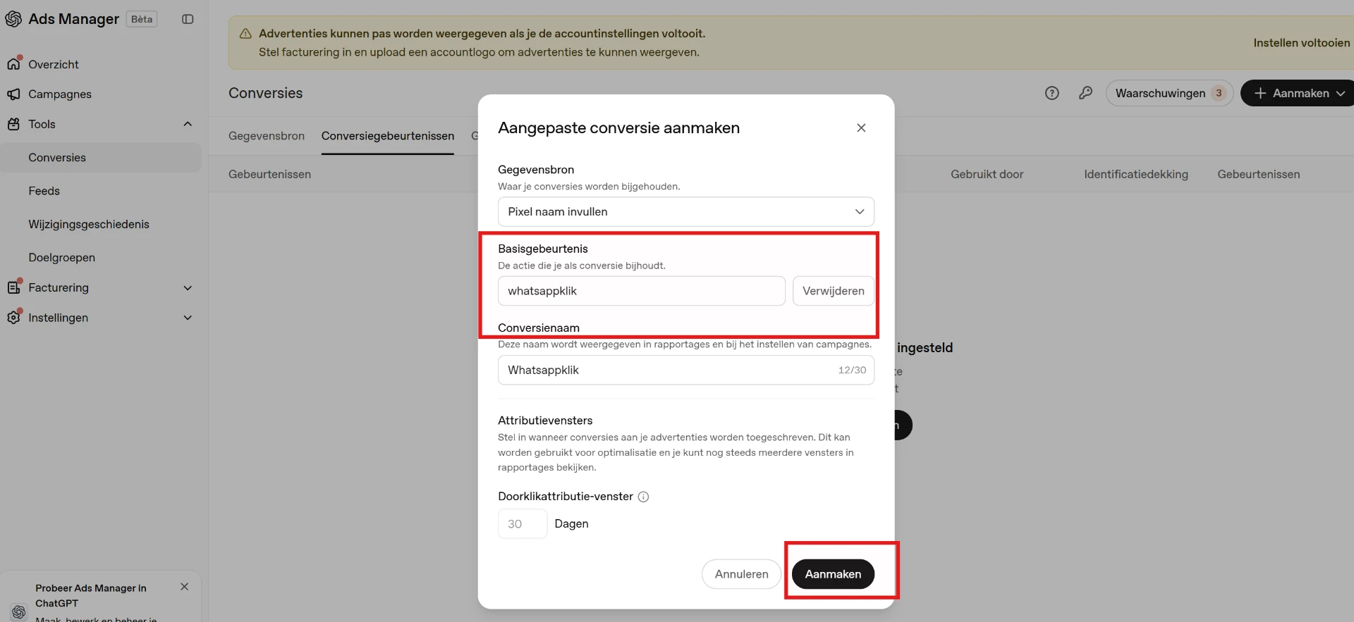 WhatsApp custom conversie aanmaken in ChatGPT Ads