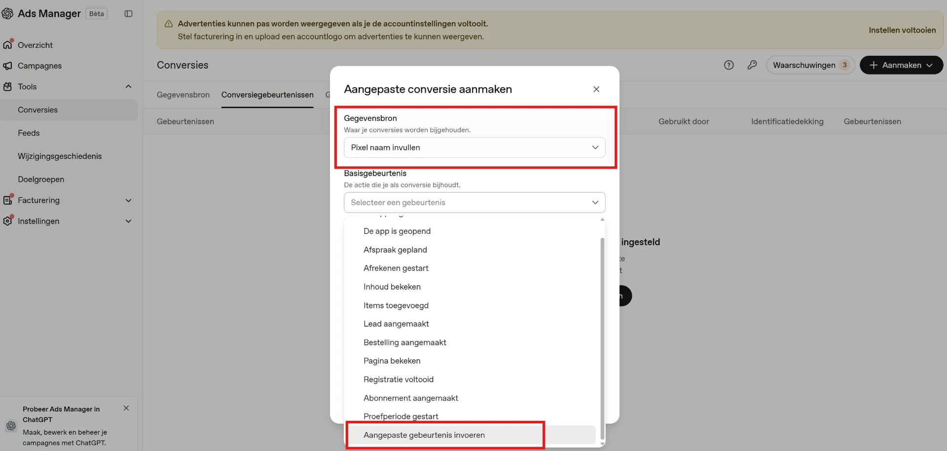 Aangepaste gebeurtenis kiezen in ChatGPT Ads