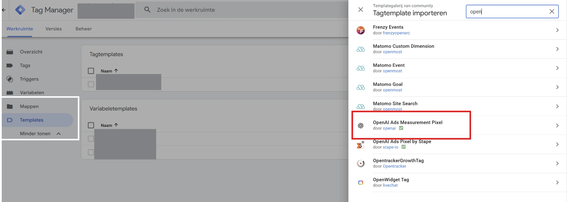 Community Template Gallery in Google Tag Manager met de OpenAI Ads Measurement Pixel template van openai
