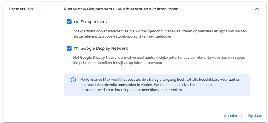 Nieuwe Partners-instelling in Performance Max met vinkjes voor Zoekpartners en Google Display Netwerk