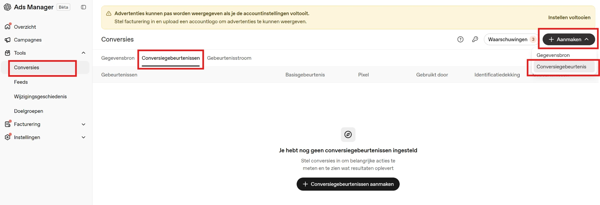 Conversiegebeurtenis aanmaken in ChatGPT Ads