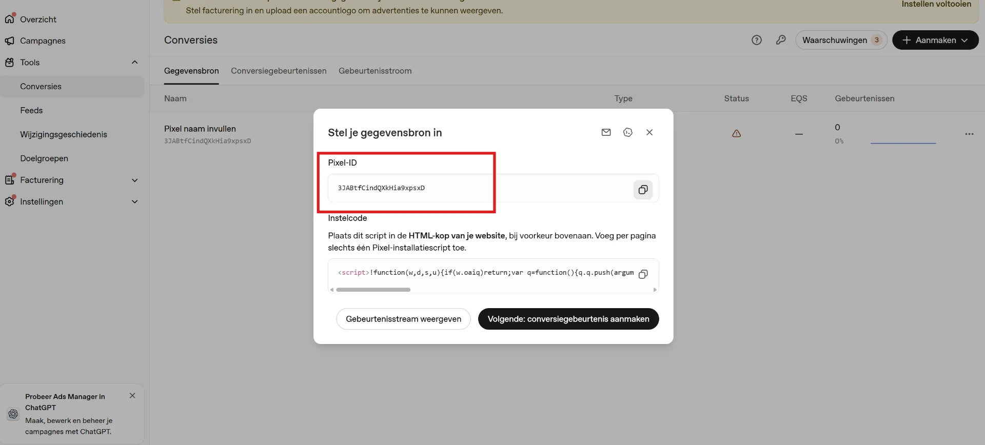Scherm Stel je gegevensbron in in ChatGPT Ads met het Pixel-ID en de instelcode